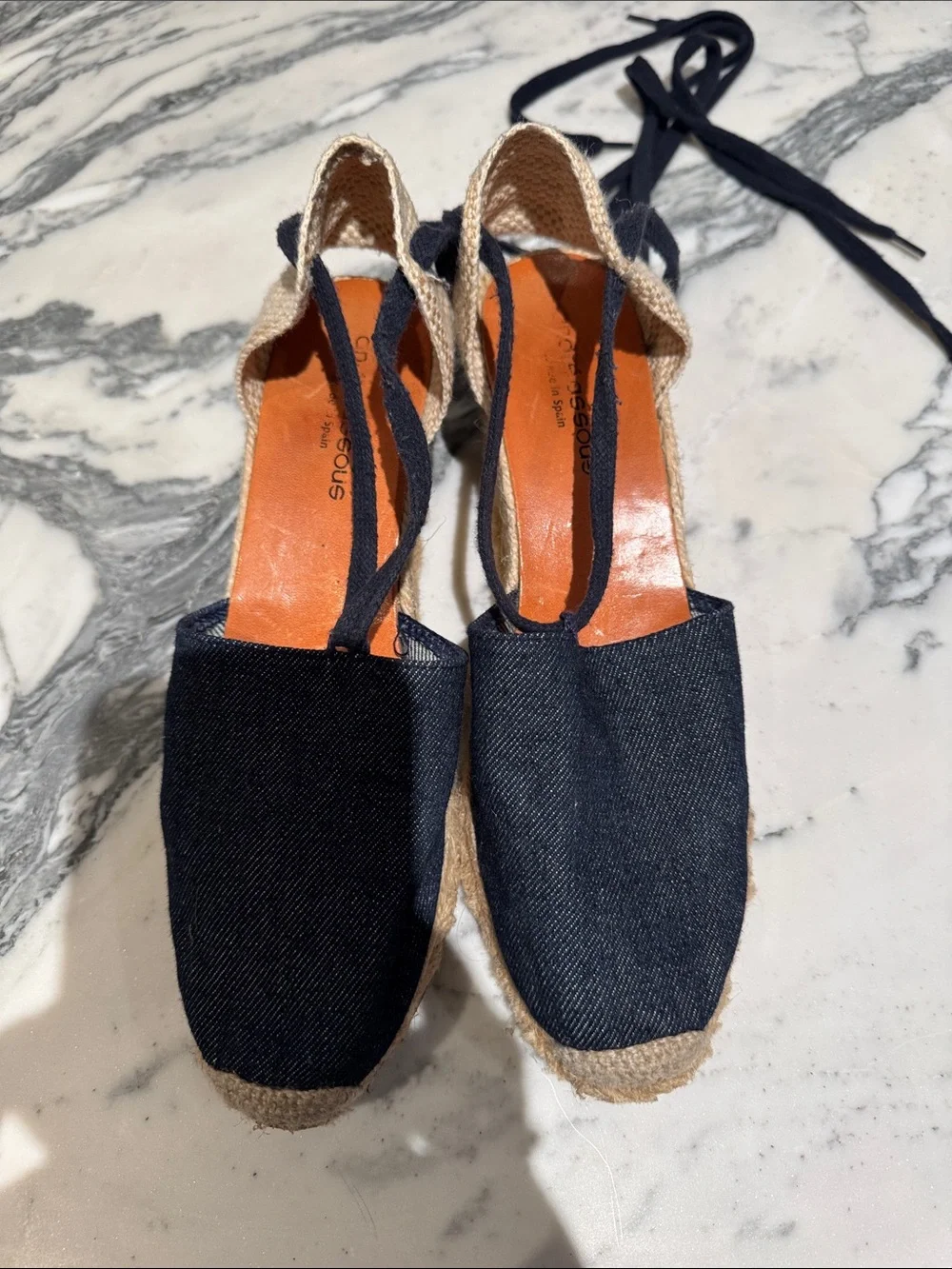 Andre Assous navy denim wedge espadrille
